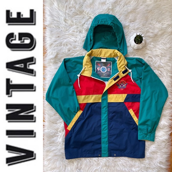 EUC vintage colour block windbreaker full-zip jacket with hidden hoodie, Size L - Picture 7 of 15
